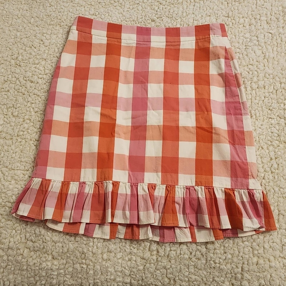J. CREW pink orange and white‎ plaid ruffled skirt size 0